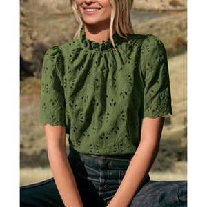 Blusa Verde Bordada con Ojales para Mujer, Manga Corta, Manga Abullonada, Cuello con Volantes, Top Casual de Primavera Verano, Capa Transparente de Encaje - Product Image 2