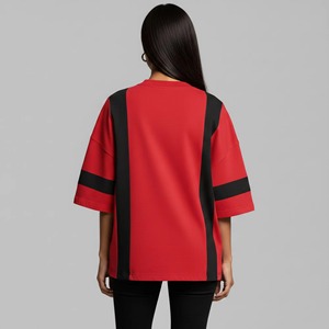 T-shirt ample pour femme, col rond, coloris rouge et noir, manches trois quarts, coupe décontractée, en coton tricoté, style décontracté, 140 g/m² - Product Image 5