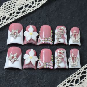 Wholesale handmade acrylic nail art, duckbill-shaped full-coverage <b>false</b> nails, pink, 3D <b>flowers</b>,rhinestone design, customizable - Product Image 1
