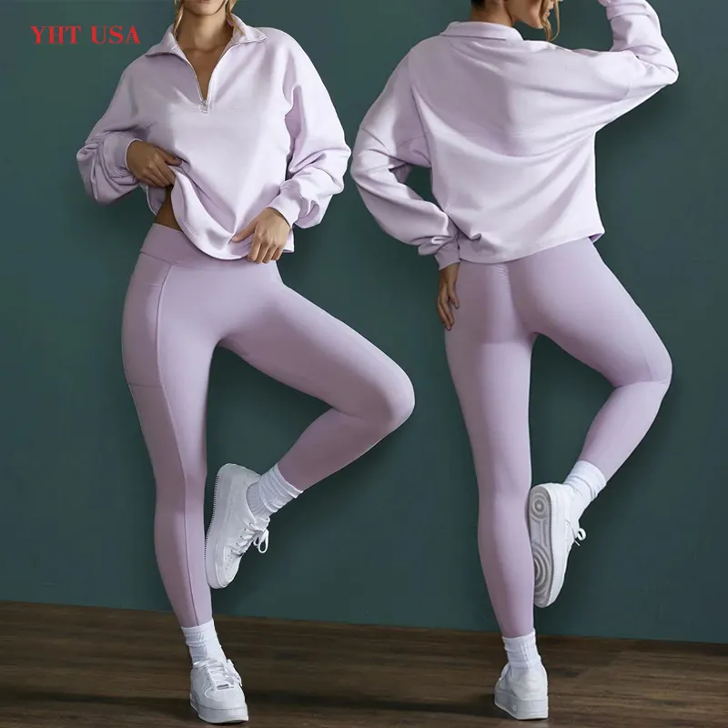 2023 Half Zipper Loose Long Sleeve Sweatshirt And Leggings Yoga Set Women Oversize Stand-up Collar Pullover Gym Hoodie