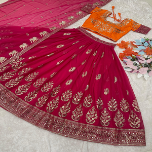 Ensemble de lehenga de luxe en faux georgette de créateur, comprenant un dupatta assorti, orné de sequins décoratifs, tenue élégante - Product Image 5