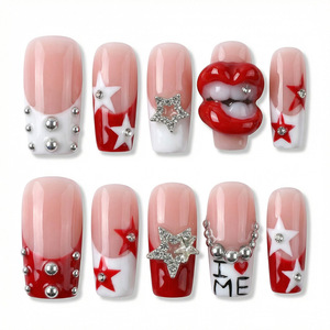 Medium Square Handmade Press on <b>Nails</b> Red White Star 3D Lips Embellishment Luxury Thick Stick on <b>Nails</b> 3D Rhinestone - Product Image 1