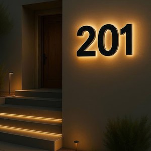 Numéros <span class=keywords><strong>de</strong></span> <span class=keywords><strong>maison</strong></span> rétroéclairés par LED personnalisés, numéros d'adresse modernes pour l'<span class=keywords><strong>extérieur</strong></span>, numéros en métal imperméables à montage mural, numéros illuminés par halo - Product Image 3