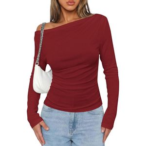 Off The Shoulder <b>Top</b> For Women Long Sleeve Fitted Ribbed Ruched Y2K Style Casual Wear - Product Image 1