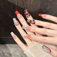 Faux ongles en acrylique à presser, forme cercueil, avec motifs 3D fleur, cerise, imprimé léopard, empreinte de patte et breloques – Options de logo personnalisables pour salons de beauté
