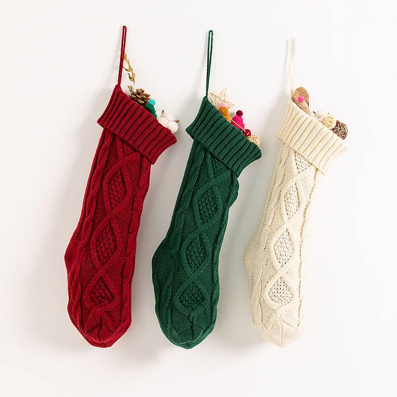 Stoking Natal warna merah putih hijau kabel rajutan pola kaus kaki gantung hadiah besar tas Rhombus dekorasi Natal
