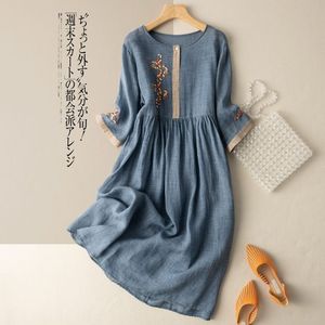 Casual <b>Dress</b> Mid Length Cotton Linen O Neck <b>Elastic</b> Waist Embroidery Vintage Daily Wear Breathable Splicing Design - Product Image 3