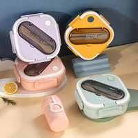 Boîte à bento en plastique, résistante aux micro-ondes, anti-fuite, carrée, pour étudiants, avec couverts, compartiment portable, boîte à lunch