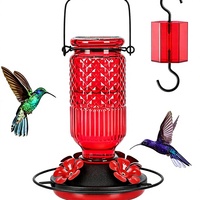 Mangeoire à colibris en verre et métal de 16 oz, anti-fuite, résistante aux abeilles, avec fosse anti-fourmis intégrée, 4 ports pour fleurs, anneau de suspension à 360°, recharge facile