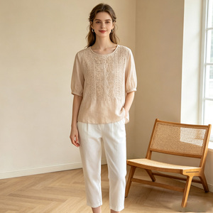 Nouvelle Blouse Décontractée pour Femme en Organza Brodé 100% Viscose, Col Rond, Manches Trois Quarts, Coupe Ample, Style Simple d'Été - Product Image 1