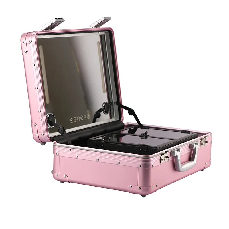 large aluminum trolley rolling lighted cosmetics display makeup brush case with bulbs lights removable wheels stand