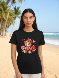 T-shirt con stampa di cuori di orsetti, da donna, girocollo, manica corta, casual, estiva, alla moda, per viaggi, vacanze, uso quotidiano, S-XXL - Product Image 2