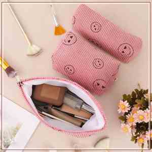 Smiley Face Makeup <b>Bag</b> Cute pink Corduroy 3pcs Toiletry <b>Bags</b> for Women Soft <b>Mini</b> Skincare Organizer - Product Image 2