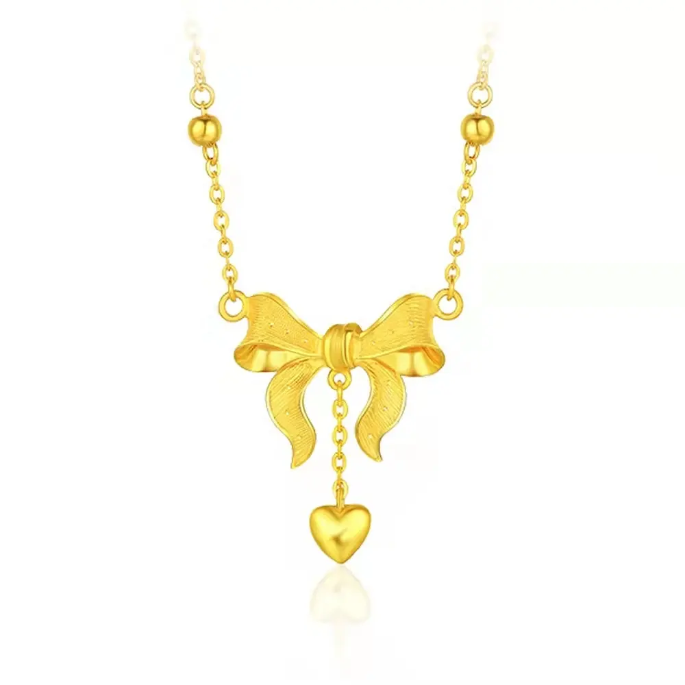 Custom 5G Pure 24K Solid 999 Gold Heart Shape bow tie Bowknot Pendant Real Gold Necklace For Women