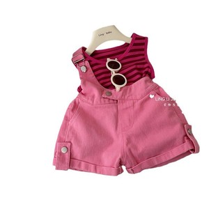 Girls Denim Overalls Set Striped Vest Two Piece Summer Cotton Outfit For Children - Product Image 5