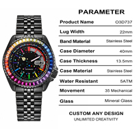 Maßgefertigte Herren-Armbanduhr Komplett Schwarz Edelstahl Mechanische Modeuhr mit Zeigern 22mm 50 Bar Wasserdicht Regenbogen-Kristall-Lünette