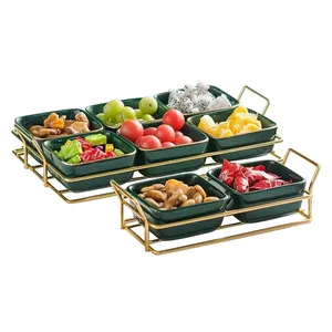 Neujahr Süßigkeiten Trocken frucht Teller Snack Dessert Keramik Servier geschirr Set mit Holz tablett Metall regal für zu Hause Hochzeit