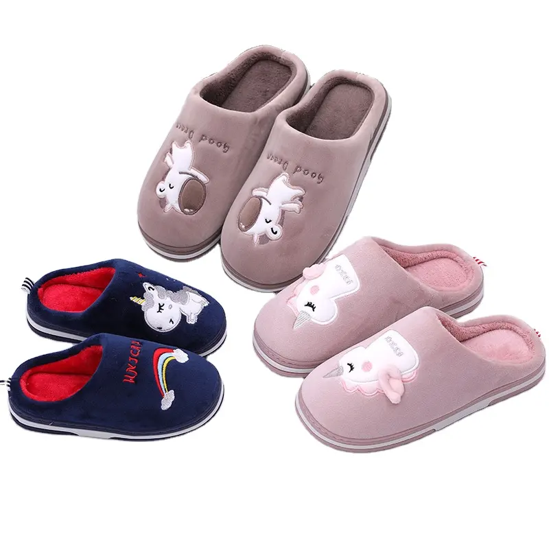 2024 Nieuwe Kinderen Slippers Eenhoorn Kat Cartoon Borduurwerk Kinderen Pluche Indoor Warme Slipper Ouderschap Schoenen Unisex Slippers