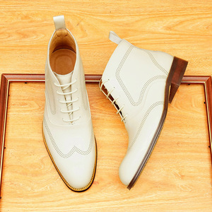White-Metallic Brown Leather Hand-Painted Traditional British Embossed <b>Pointed</b>-Toe High-Top Business Shoes - Product Image 4