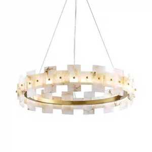 โคมไฟระย้าทรงกลมสีทองทันสมัยพร้อมโคมอะลาบาสเตอร์ แสง LED สีขาวอบอุ่น 3500K สำหรับห้องนั่งเล่น - Product Image 2