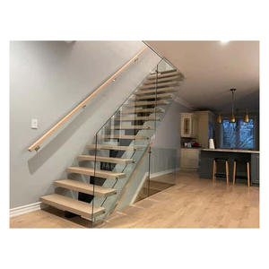 บันไดไม้จริงแบบโมโนบันไดไม้โอ๊คสีดำบันไดบันไดผนังกระจกเคลือบด้วยผงสีดำ - Product Image 5