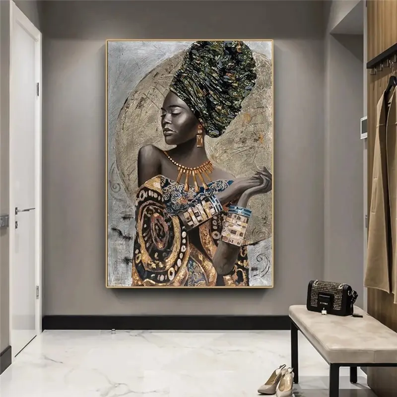 African Ancient Tribe Canvas Wall Art With Woman Oil Painting For Bedroom Decor Picture Framed Large Wall Painting