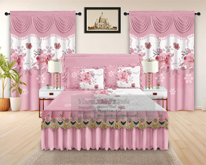 Ensemble de <span class=keywords><strong>literie</strong></span> de luxe à imprimé floral 5 pièces avec jupe de lit matelassée, rideau en dentelle et taies d'oreiller - Textile de maison - Product Image 2