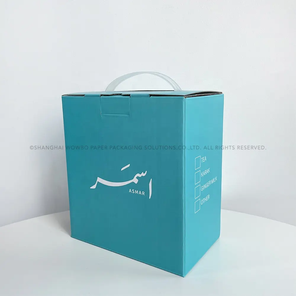 Best selling simple stylish recyclable custom logo light sky blue takeaway beverage packaging dispenser paper box with handle