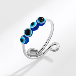 Bague anti-anxiété œil bleu avec perles rotatives, ajustable, en cuivre plaqué rhodium, anti-ternissement, empilable, vente en gros - Product Image 2