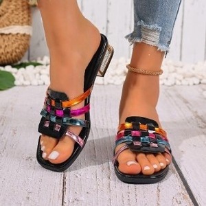 <b>Glitter</b> Metallic Colorful Woven Block Heel Mules Square Toe Slip‑On Women Summer Slide Sandals - Product Image 2