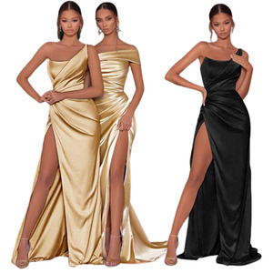 Nuovo Design moda estiva una spalla fessura vita alta abiti lunghi Sexy donna elegante abito da festa in raso - Product Image 1