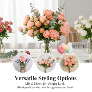 Fleurs artificielles en soie floquée de style nordique à 3 têtes, lotus et ranunculus, pour la décoration de la maison, de mariages et d'événements DIY - Product Image 4