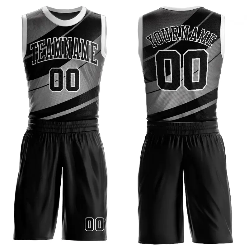 Celana pendek basket kustom cetak tersublimasi penuh celana pendek kerah bulat seragam basket Twill hitam polos