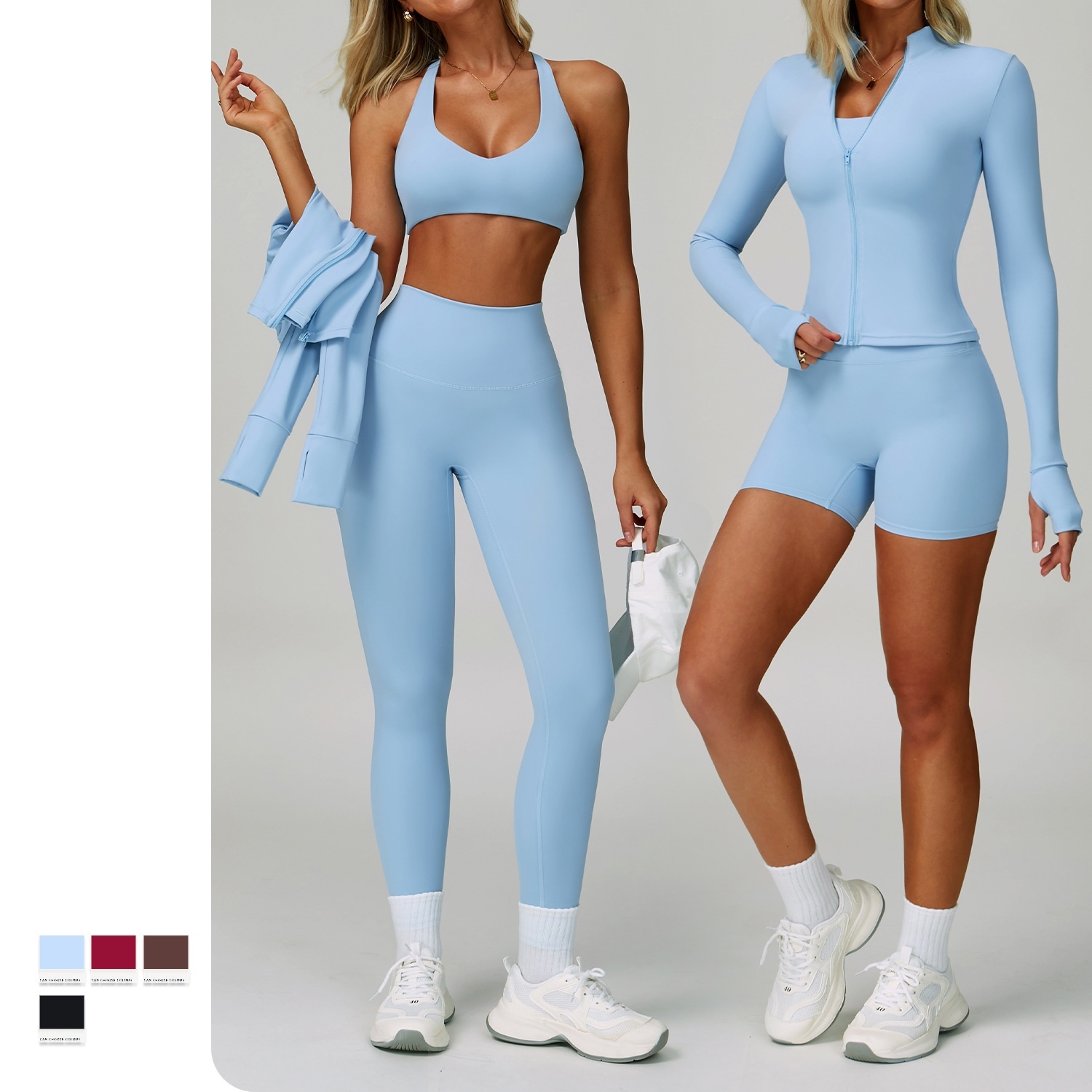 Wholesale Activewear Tennis Gym Fitness Set Sports Wear Gym Yoga Bra Leggings Jacket Quick Dry Fitness 4 Pieces Yoga Set