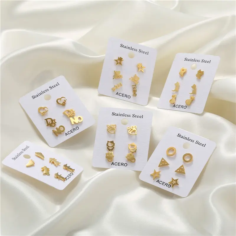 MOQ 1 Set TOP Selling Stainless Steel Stud Earrings 18K Gold Plated Fashion Jewelry 3 Pairs Per Card Wholesale Earrings