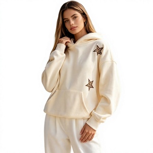 Sweat-shirt à capuche surdimensionné pour femme, couleur crème, avec broderie étoile léopard, manches longues, en coton tricoté, pull pour l'automne - Product Image 1