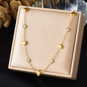Heart Shaped Stainless Steel Clavicle Chain Gold Plated With Diamond Setting Simple Necklace For Daily Wear Gift - Product Image 1
