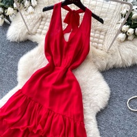 Robe longue décontractée rouge à volants et col halter pour femme, sans manches, style A-line, idéale pour les fêtes et la plage