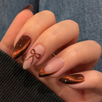 ZHI JIA Offre Spéciale Saint-Valentin Faux Ongles Réutilisables de Haute Qualité, Rouge Œil de Chat, French Manucure, Forme Amande, à Coller, avec Nœud Papillon