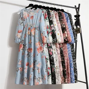 2023 Frühling Frauen Maxi kleider Großhandel Casual Loose Full Sleeve Blumen druck O-Ausschnitt Frau Bohe Beach Party Langes Kleid