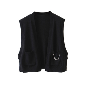Chaleco de punto para mujer N8272, negro y gris, color sólido, con detalle de cadena, estilo preppy, tallas grandes para mujeres con curvas. - Product Image 4