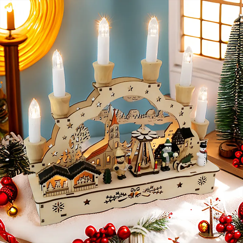 Village de maison de Noël avec scène de Noël découpée au laser en bois et pont en arc lumineux pour cadeau de Noël