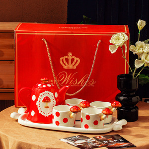 Cartoon Embossed <b>Bone</b> <b>China</b> Luxury Floral Design Tableware <b>Set</b> Mushroom Cup Teapot Coffee Cup Salad Bowl Dinnerware Gift Box - Product Image 3