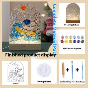 Hecho a mano DIY pintura al óleo vidrio luz nocturna fuente de luz LED enchufable potencia pintada a mano agua ondulación hoja acrílica para festivales - Product Image 6