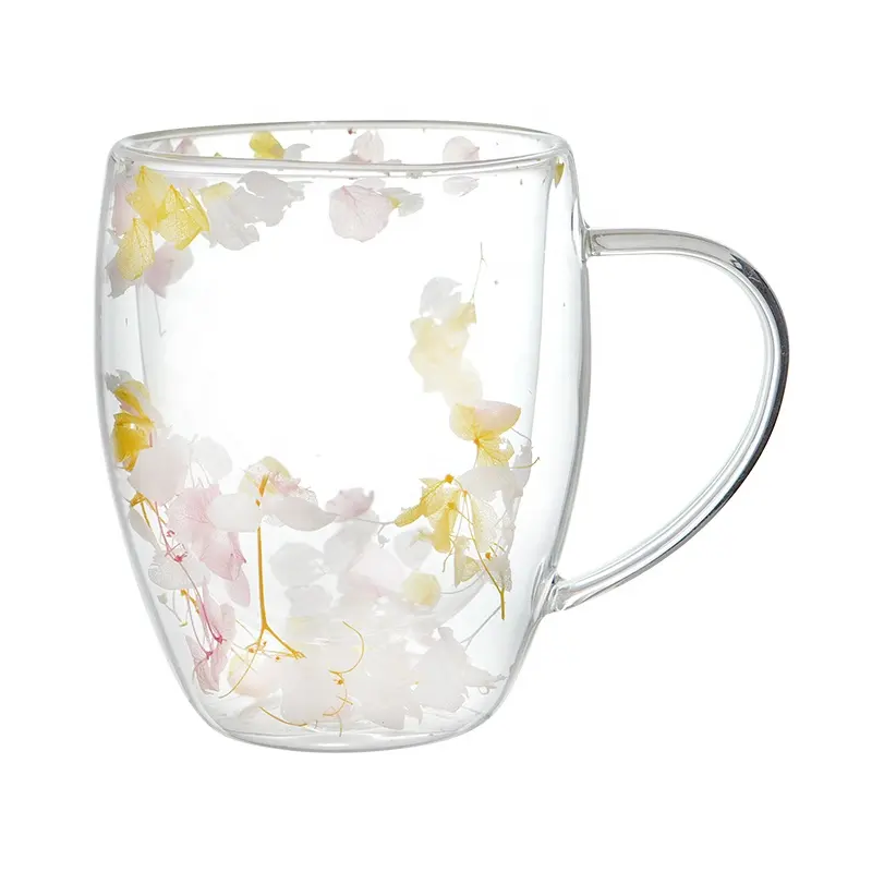 Многоразовая Высокая боросиликатная стеклянная чашка с двойной стенкой и сухими цветами