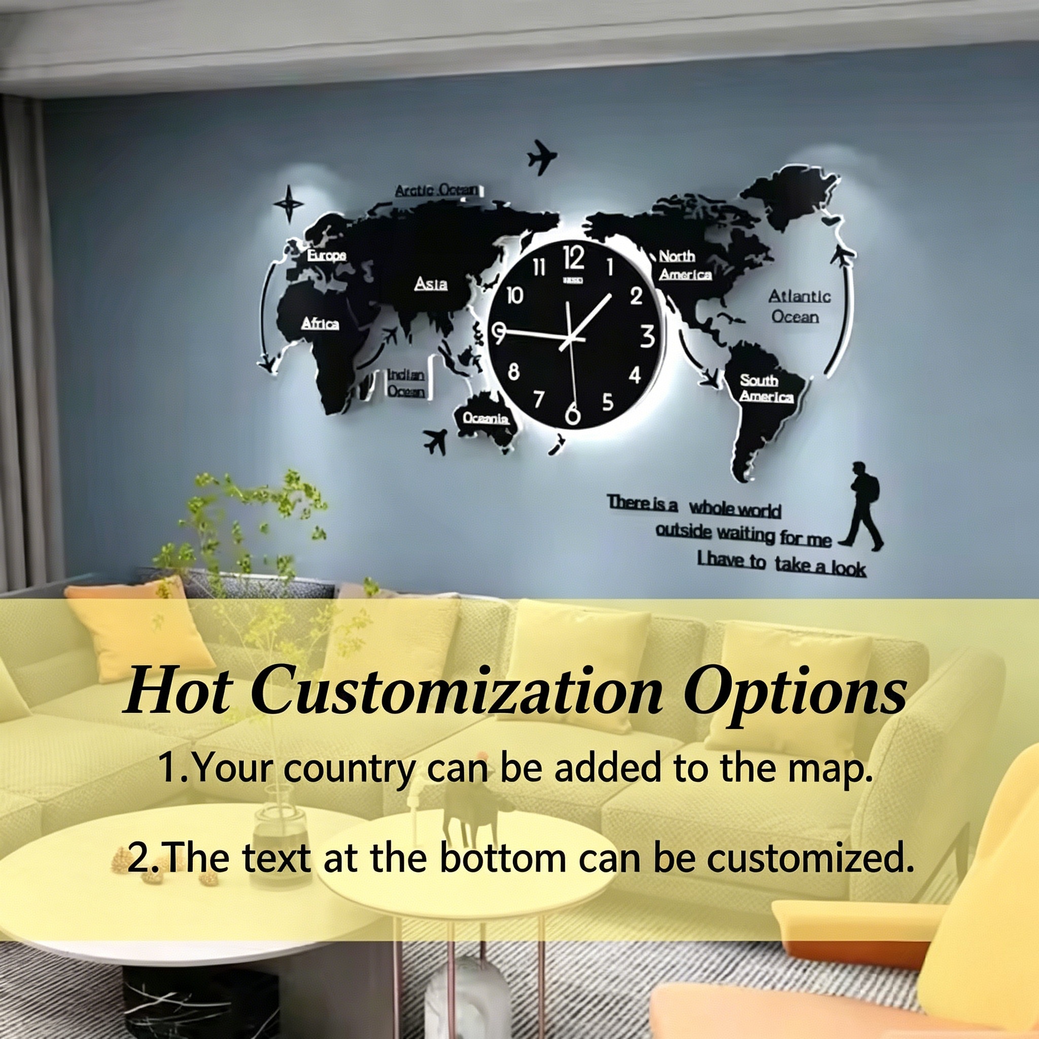 Large World Map Silent Wall Clock with LED Night Light (120x55cm) - View 2