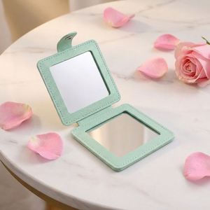 Creative Modern Embossed PU Leather <b>Foldable</b> Square Portable Travel Handheld Round Small Carry-on Makeup <b>Mirror</b> - Product Image 4