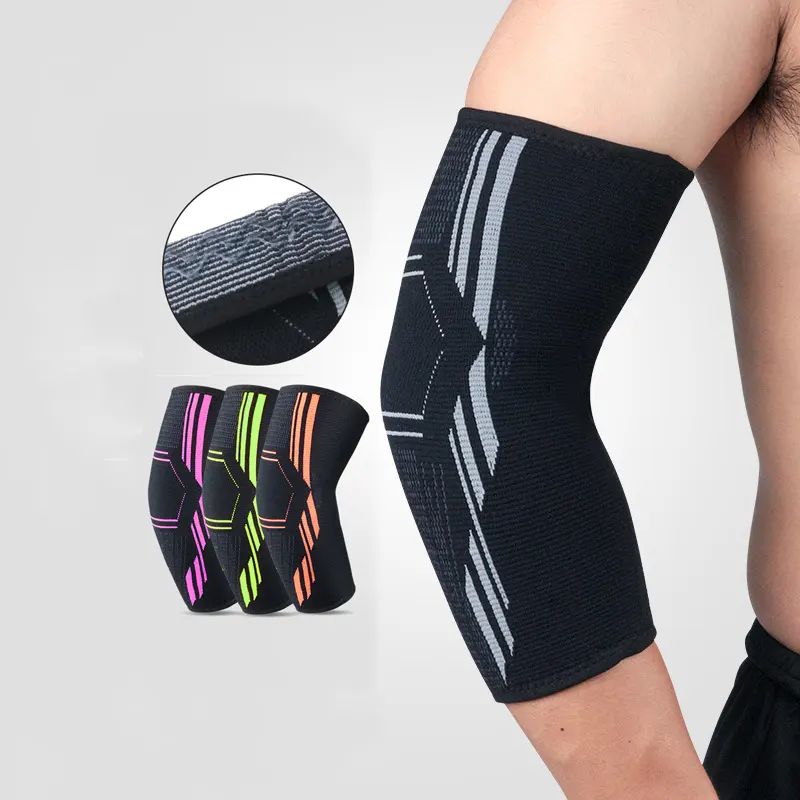 Anti-collision printed soft sweat absorbing long fitness hinged elbow support knitting arm brace sleeve weight loss protector