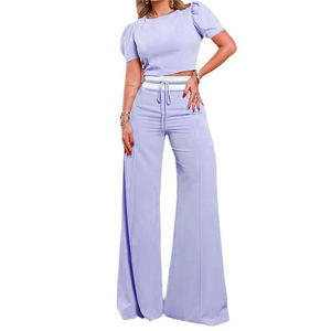 Spring and Summer New Round Neck <b>Bubble</b> Sleeve <b>Top</b> Tie Wide Leg Pants Women's Casual 2 Piece Set Fashion - Product Image 1