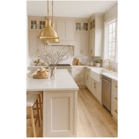 Meubles de cuisine modernes CBMmart pour appartement, design en bois massif laqué, structure en MDF, incluant évier, charnières, robinet, glissières de tiroir et pieds de meuble.
